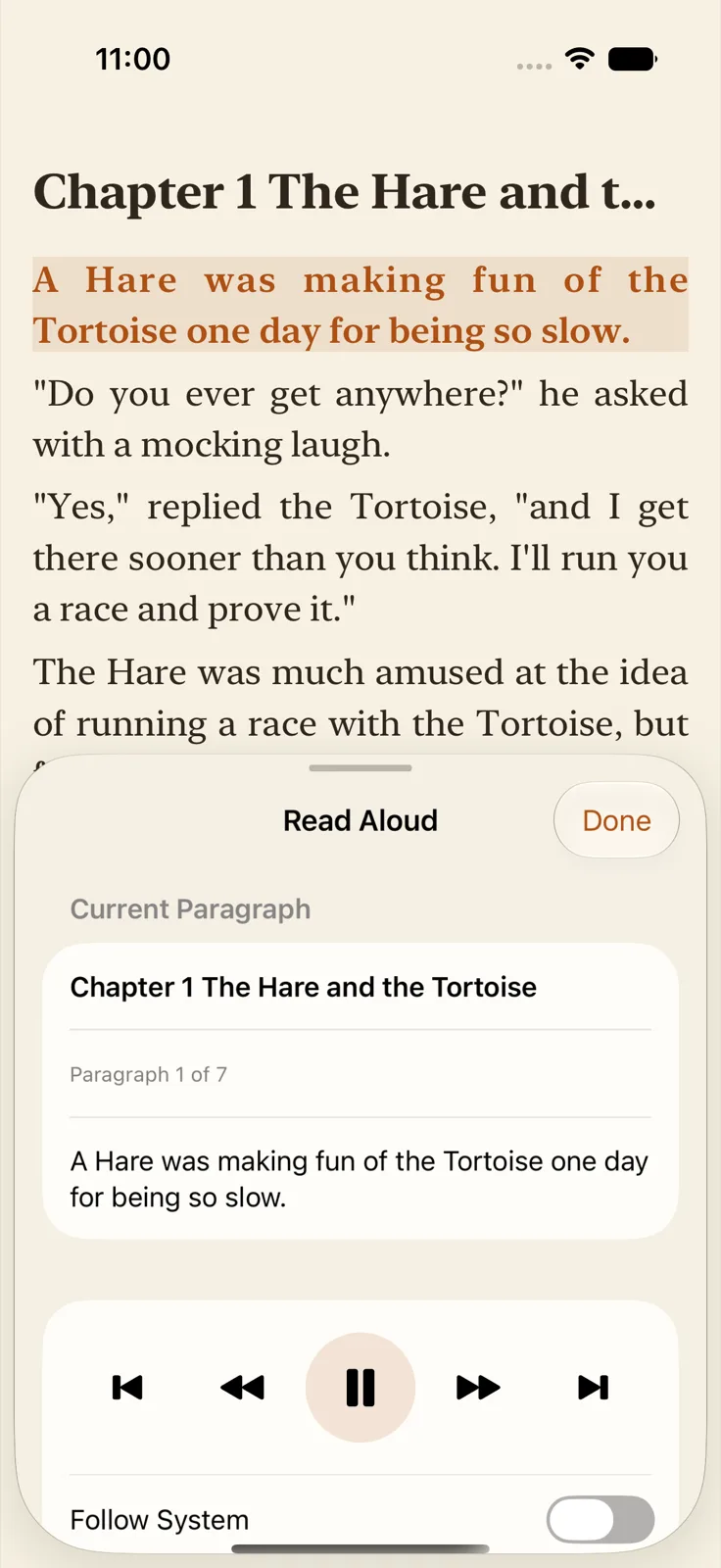 Read-aloud screen: current paragraph highlighted with playback controls